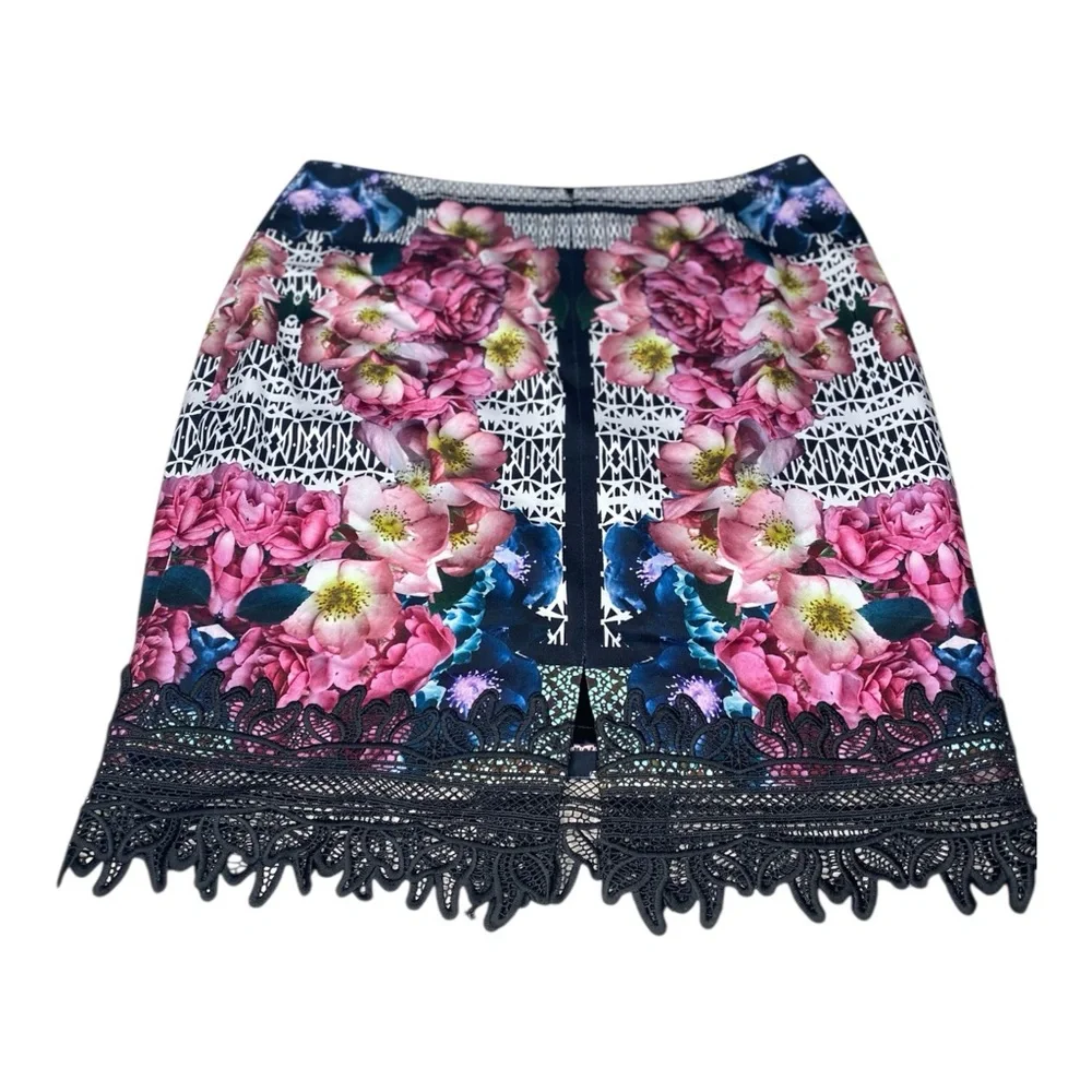 ANTONIO MELANI Satin Floral Skirt with Black Lace Size 14 - Picture 3 of 5